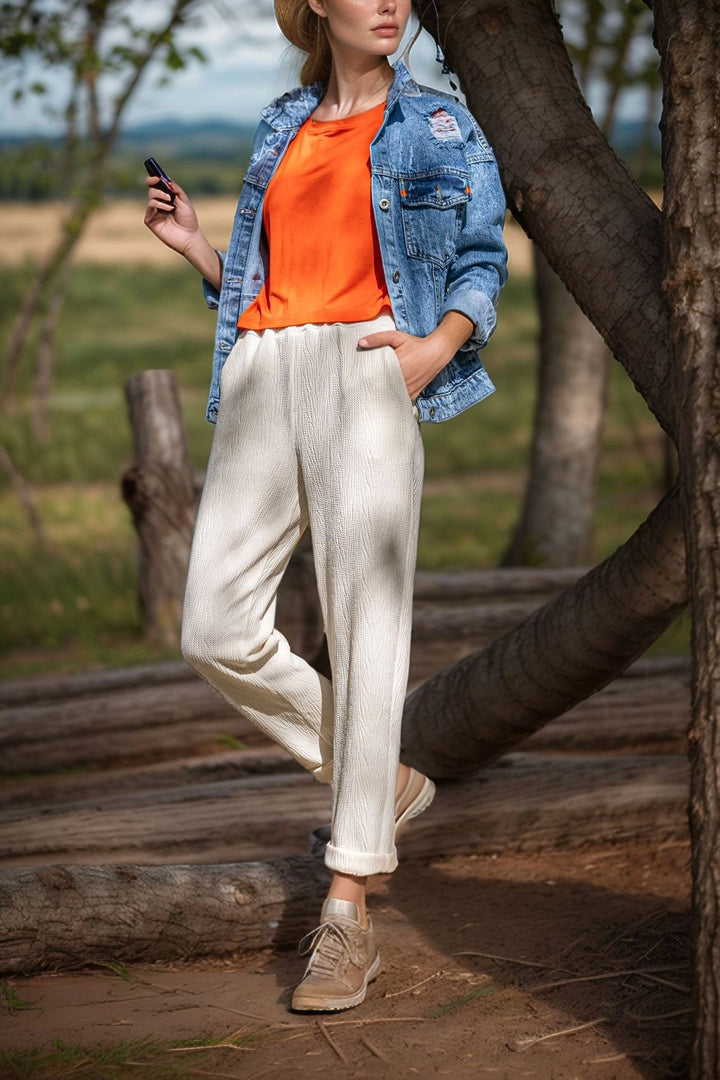 Ecru Self-Textured Elastic Waist Pocketed Trousers BCBSK-25700-3273 - Quinte West
