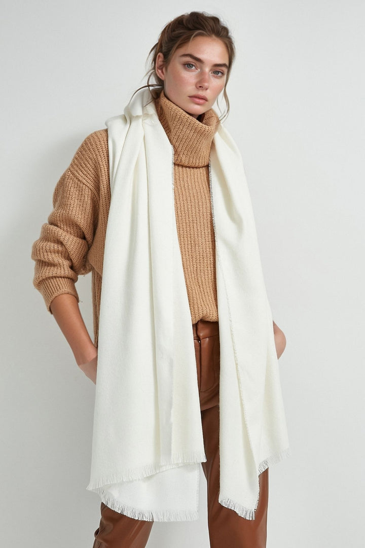 Ecru Thick Shoulder Scarf with Tassels BCNSV-25WT1036 - Odivelas