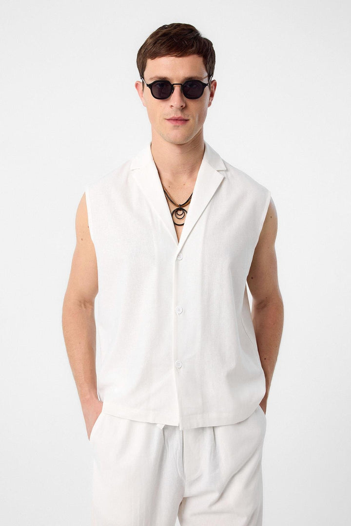 ANT Antioch Ecru Linen Blend Sleeveless Men's Shirt - Gjilan