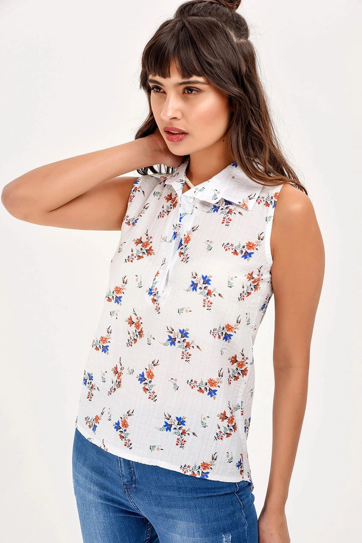 Ecru Sleeveless Flower Patterned Shirt BCBSK-25650-2346 - Harlingen