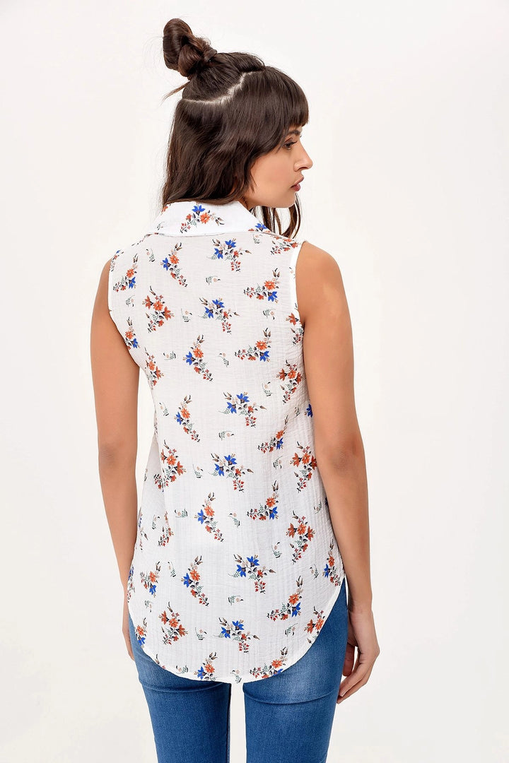 Ecru Sleeveless Flower Patterned Shirt BCBSK-25650-2346 - Harlingen