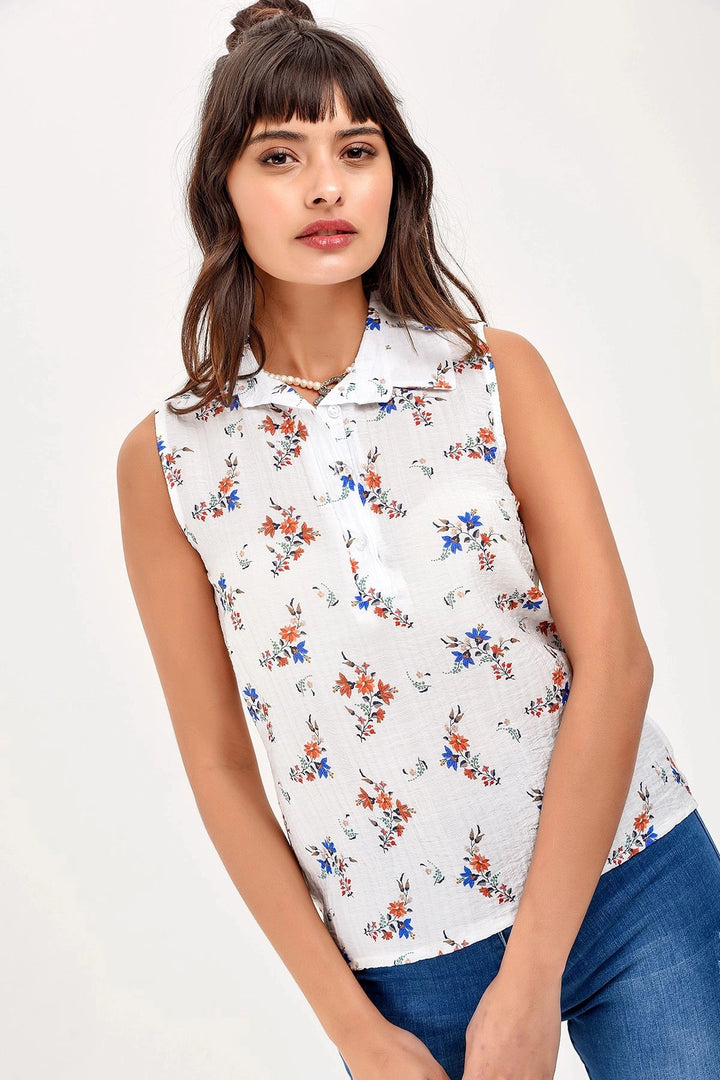 Ecru Sleeveless Flower Patterned Shirt BCBSK-25650-2346 - Harlingen