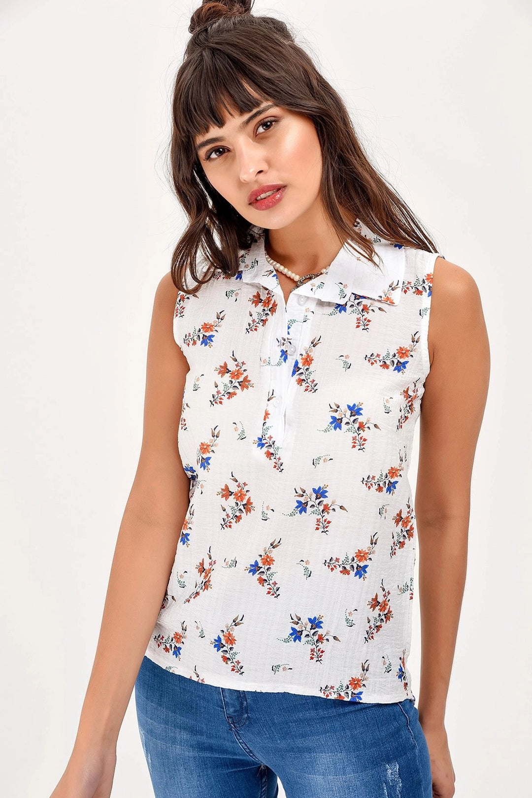 Ecru Sleeveless Flower Patterned Shirt BCBSK-25650-2346 - Harlingen