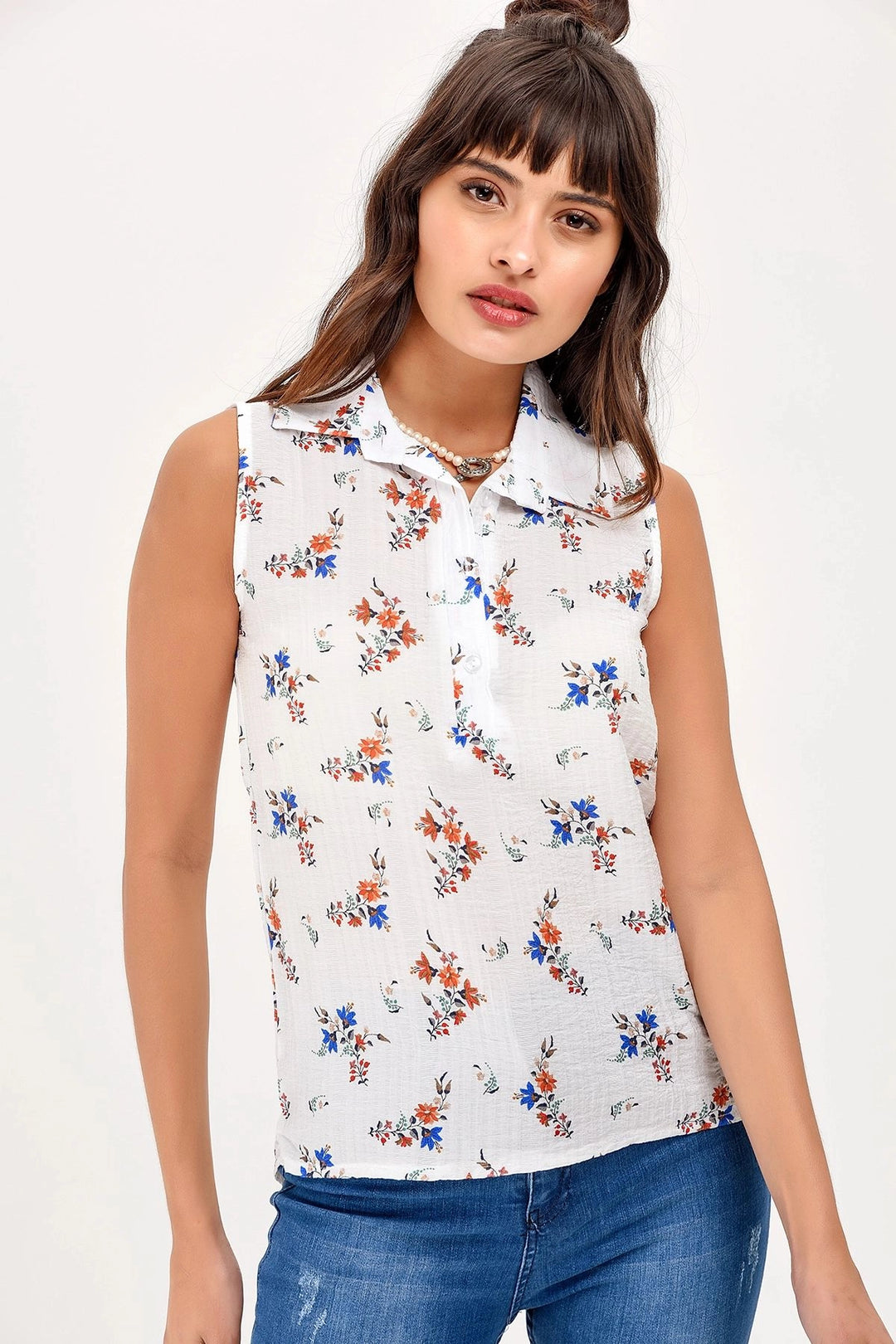 Ecru Sleeveless Flower Patterned Shirt BCBSK-25650-2346 - Harlingen