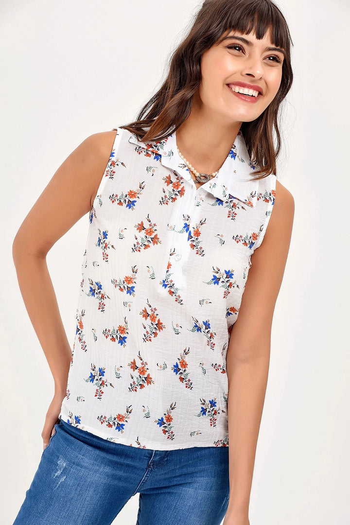 Ecru Sleeveless Flower Patterned Shirt BCBSK-25650-2346 - Harlingen