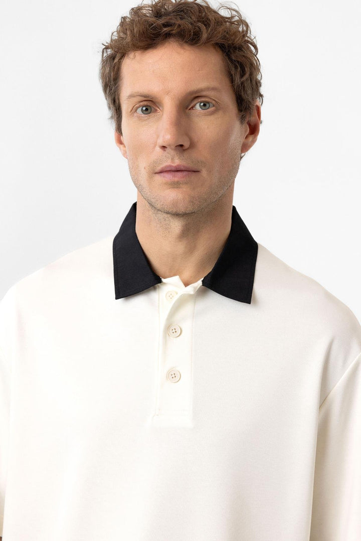 ANT Antioch Ecru Contrast Collar Interlock Textured Men's T-Shirt - Oradea