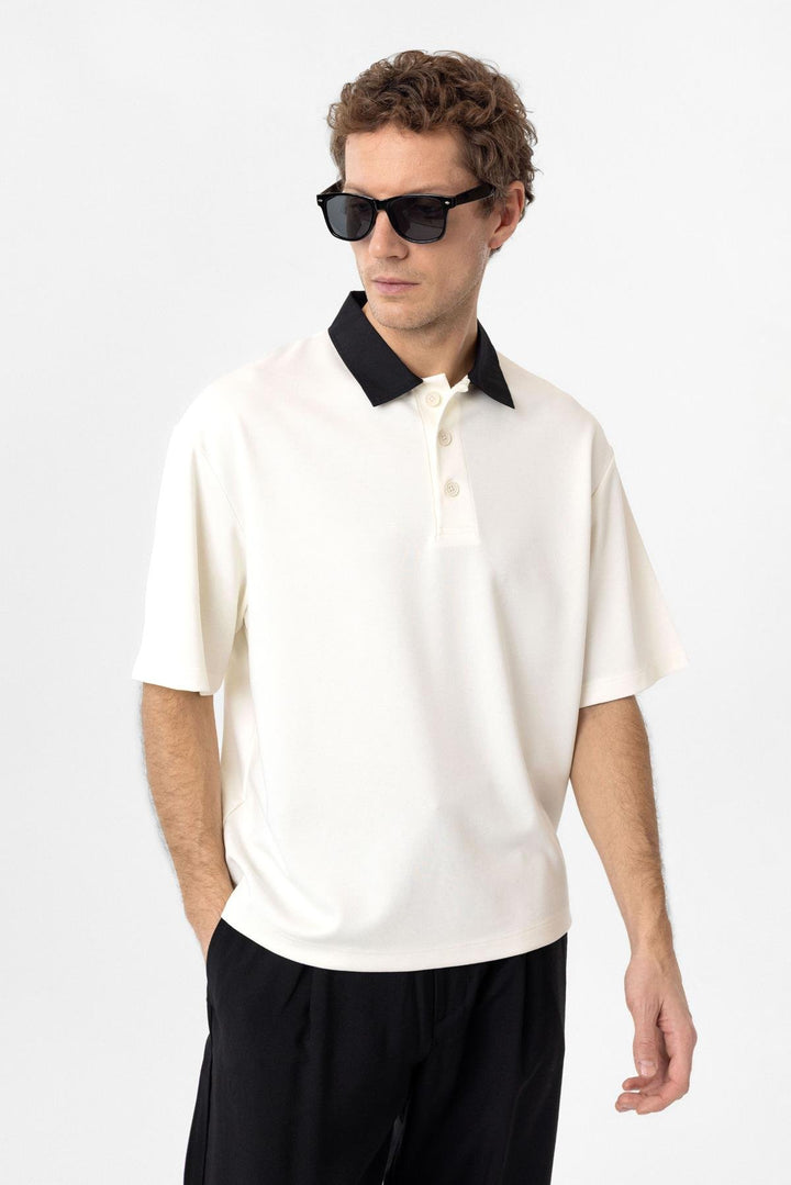 ANT Antioch Ecru Contrast Collar Interlock Textured Men's T-Shirt - Oradea