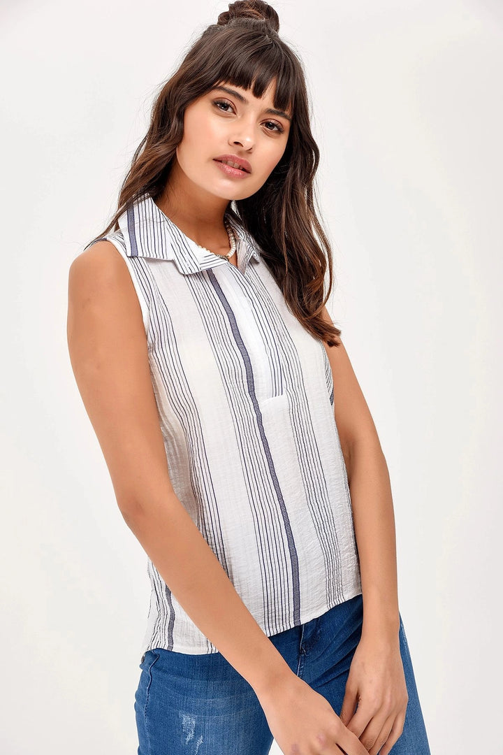 Ecru Navy Soft Textured Sleeveless Blouse BCBSK-25700-2346 - Boynton Beach