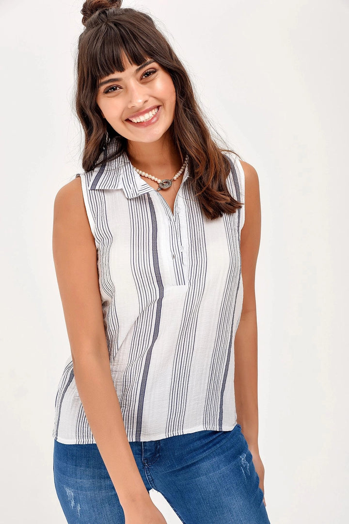 Ecru Navy Soft Textured Sleeveless Blouse BCBSK-25700-2346 - Boynton Beach