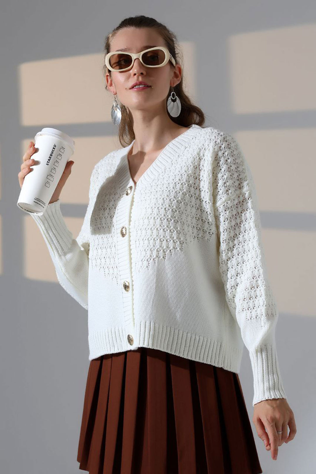 Ecru Patterned Buttoned Cardigan BCES-252027 - Gütersloh