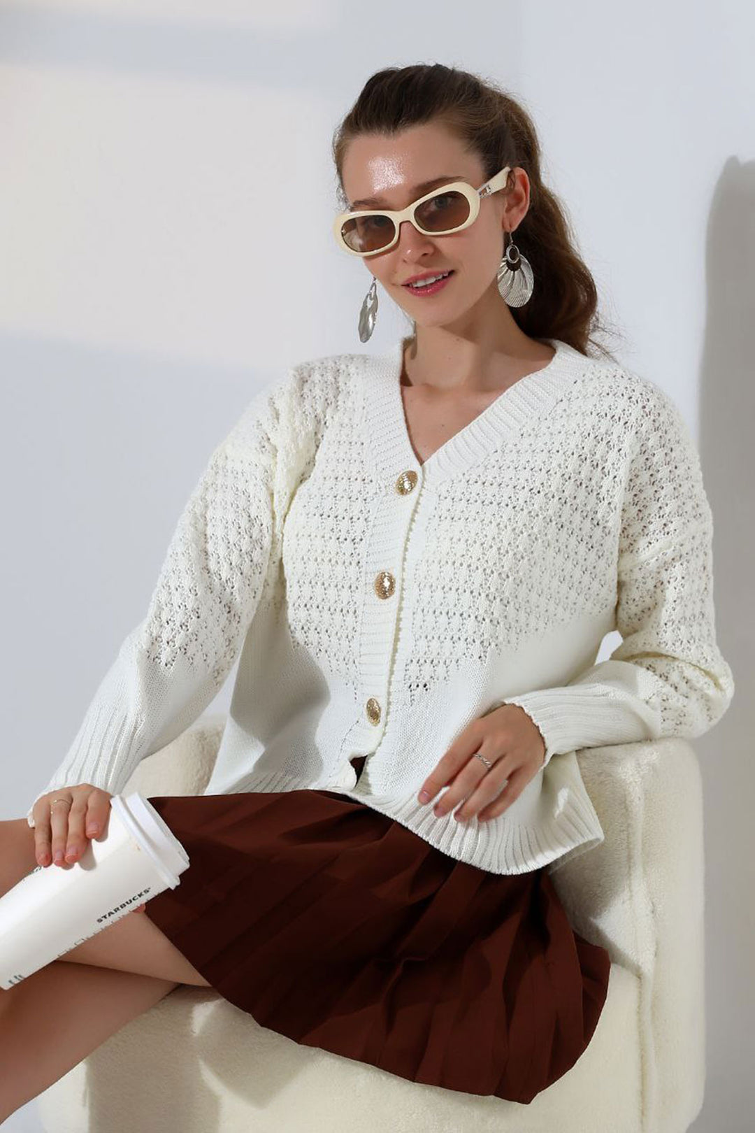 Ecru Patterned Buttoned Cardigan BCES-252027 - Gütersloh