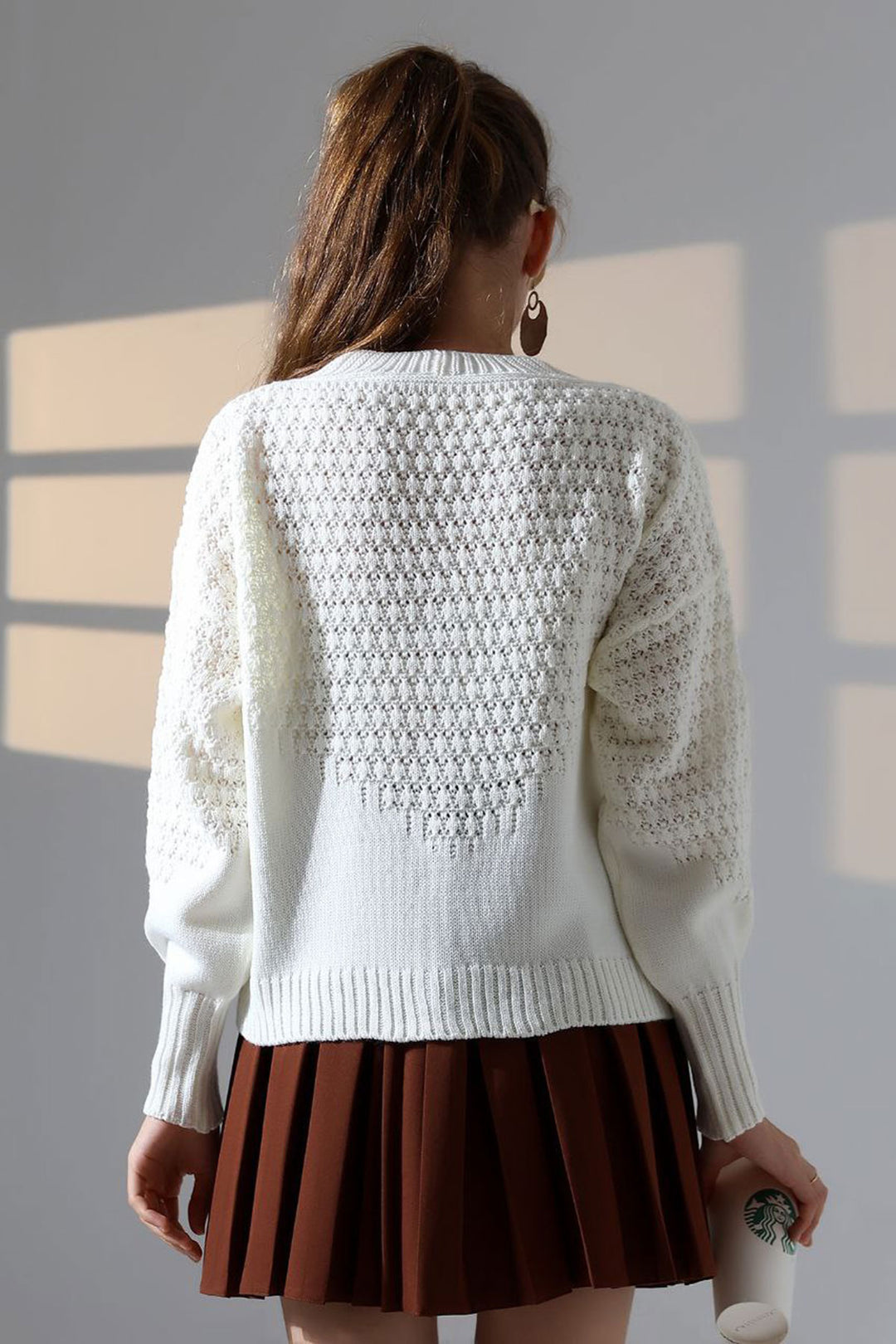 Ecru Patterned Buttoned Cardigan BCES-252027 - Gütersloh