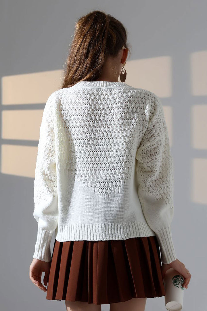 Ecru Patterned Buttoned Cardigan BCES-252027 - Gütersloh