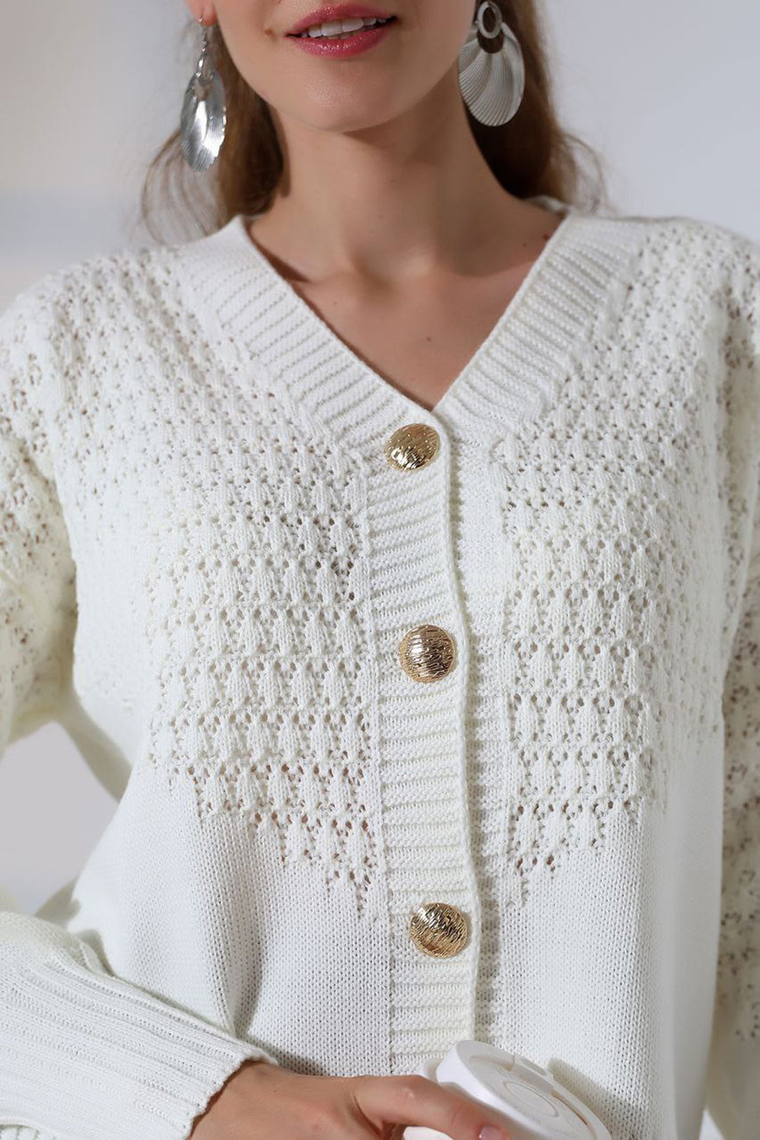 Ecru Patterned Buttoned Cardigan BCES-252027 - Gütersloh