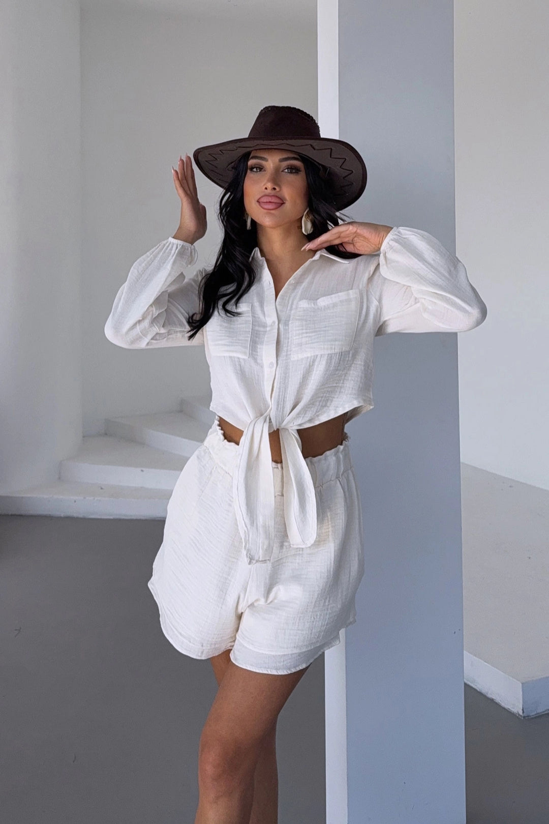 Ecru Muslin Linen Shorts Set BCBT-251001 - Lombard