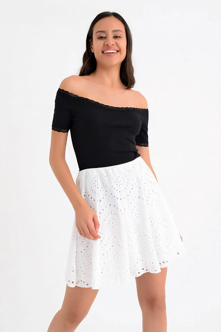 Ecru Embroidered Patchwork Short Fisto Skirt CO-259131318 - Montauban