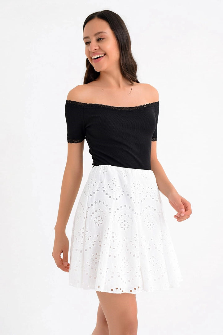 Ecru Embroidered Patchwork Short Fisto Skirt CO-259131318 - Montauban