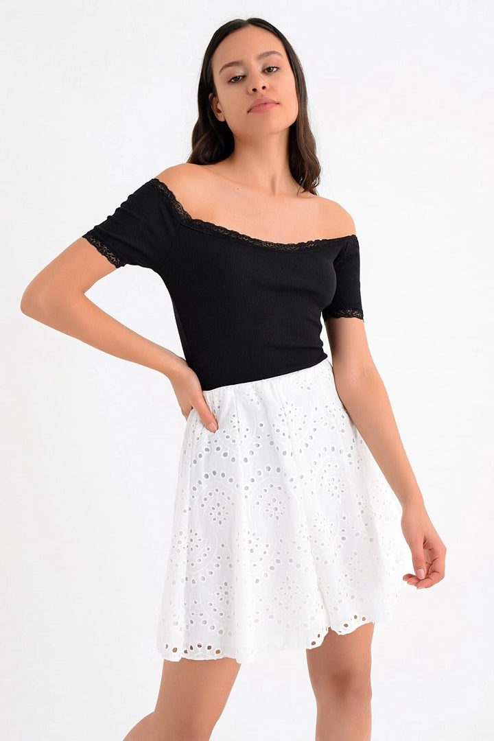 Ecru Embroidered Patchwork Short Fisto Skirt CO-259131318 - Montauban
