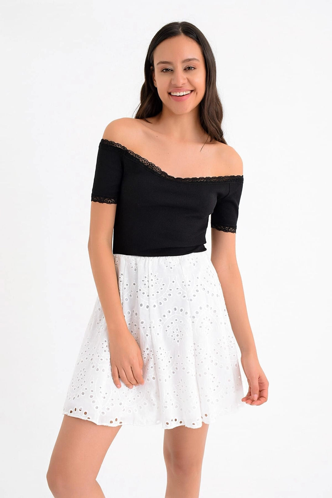 Ecru Embroidered Patchwork Short Fisto Skirt CO-259131318 - Montauban