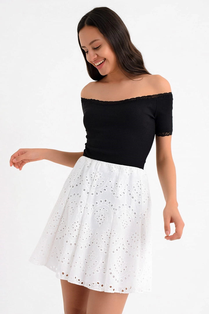 Ecru Embroidered Patchwork Short Fisto Skirt CO-259131318 - Montauban