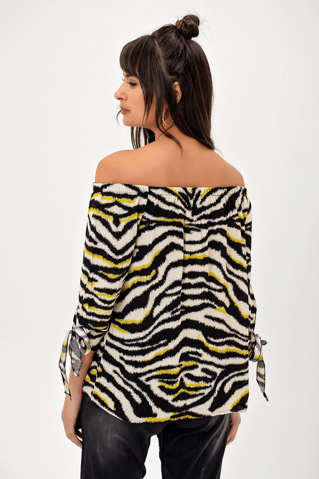 Ecru Open Shoulder Patterned Blouse BCBSK-25700-H5013 - Bellflower
