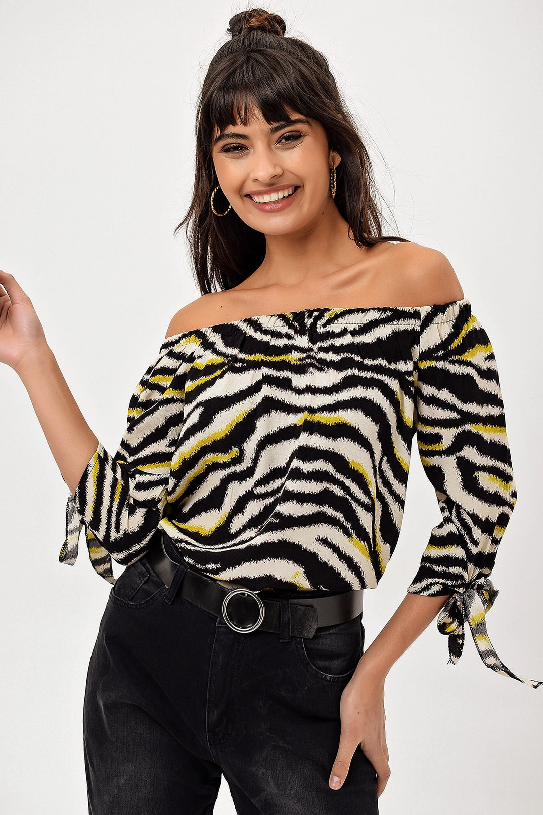 Ecru Open Shoulder Patterned Blouse BCBSK-25700-H5013 - Bellflower