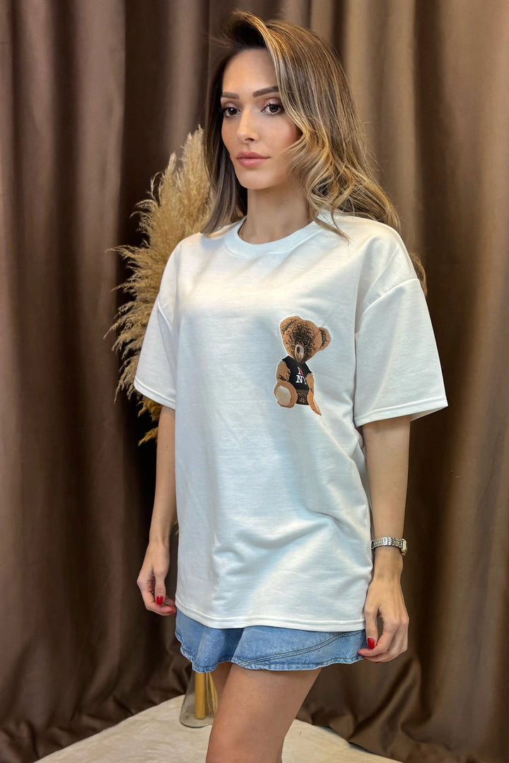 Ecru Front and Back Bear Printed Love Ny 2 Yarn Knit T-shirt BCCL-253007 - Santa Ana