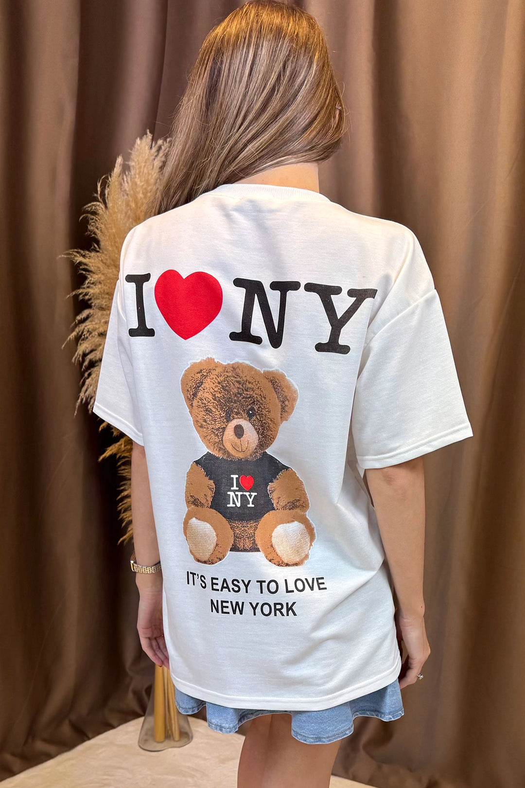 Ecru Front and Back Bear Printed Love Ny 2 Yarn Knit T-shirt BCCL-253007 - Santa Ana