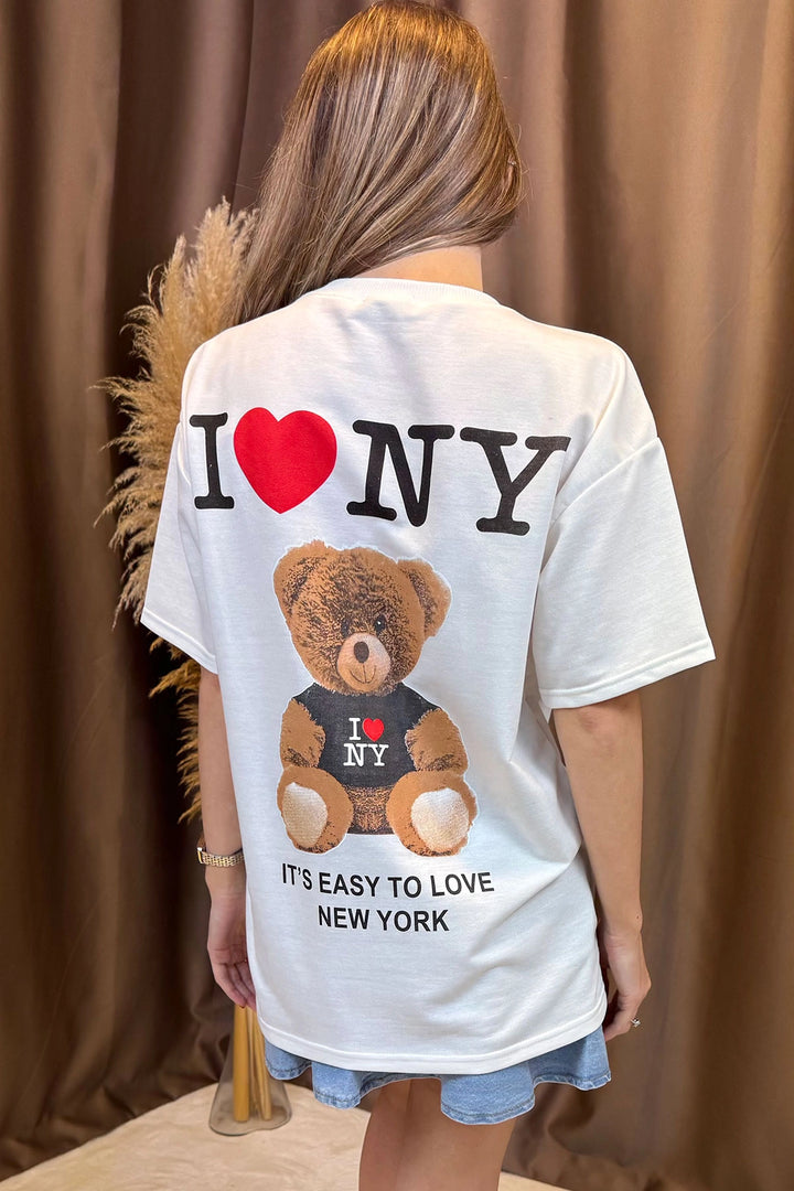 Ecru Front and Back Bear Printed Love Ny 2 Yarn Knit T-shirt BCCL-253007 - Santa Ana