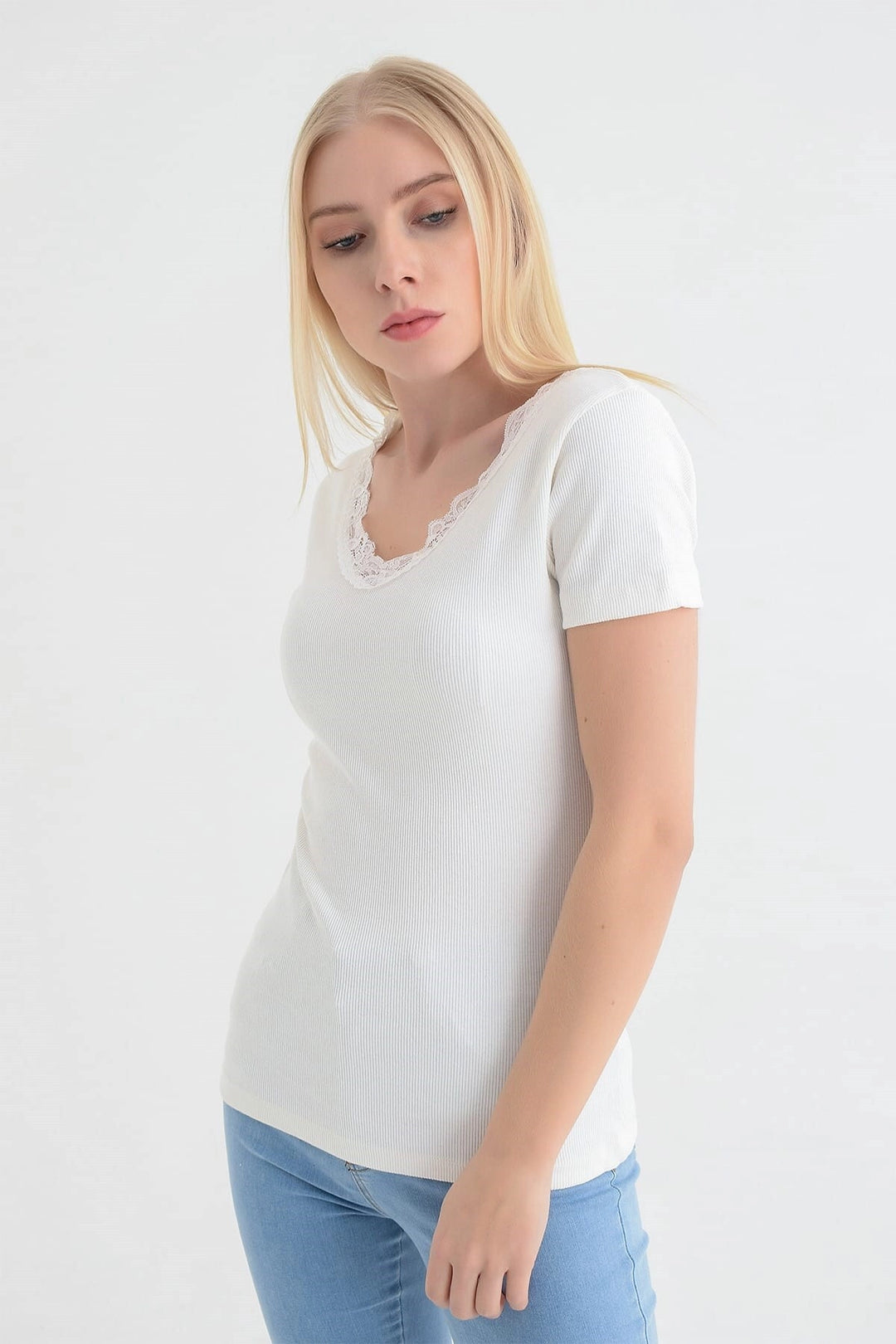 Ecru Front Back V Lace Short Sleeve Corset Blouse CO-2591515270 - Sydney