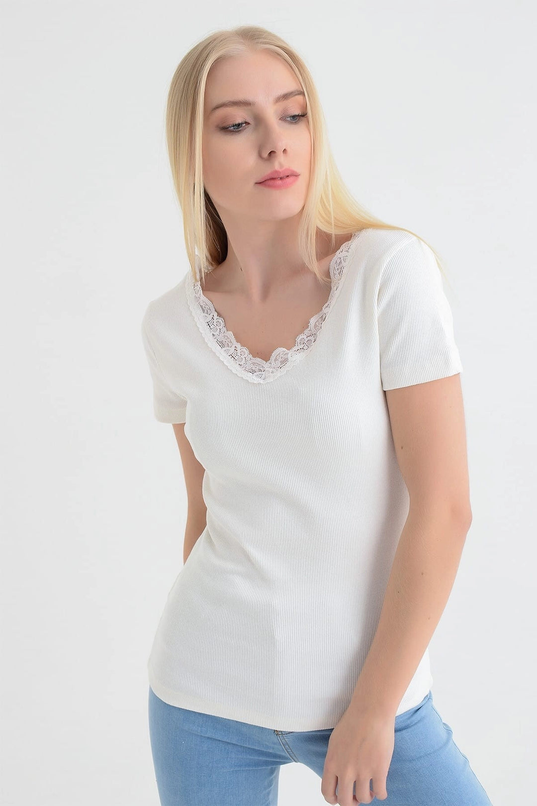Ecru Front Back V Lace Short Sleeve Corset Blouse CO-2591515270 - Sydney