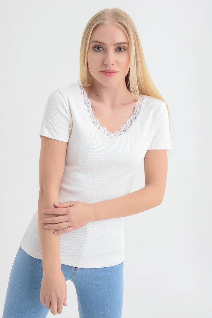 Ecru Front Back V Lace Short Sleeve Corset Blouse CO-2591515270 - Sydney