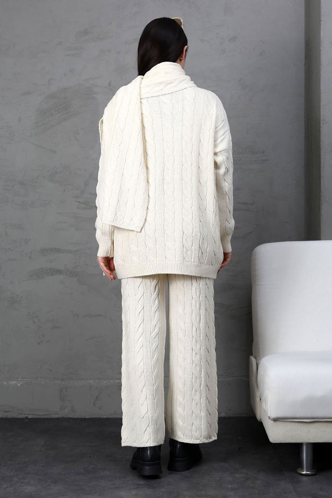 Ecru Knitted Sweater Cardigan and Pants 3 Piece Knit Set BCES-252031 - Meoqui