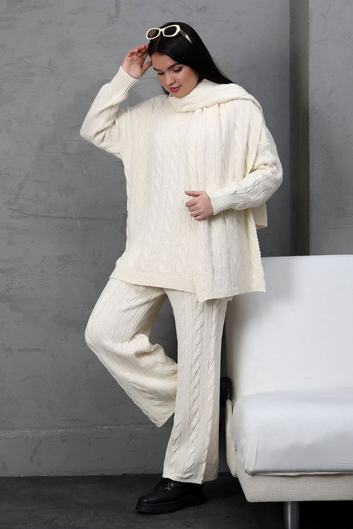 Ecru Knitted Sweater Cardigan and Pants 3 Piece Knit Set BCES-252031 - Meoqui