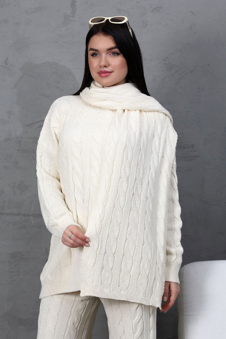 Ecru Knitted Sweater Cardigan and Pants 3 Piece Knit Set BCES-252031 - Meoqui