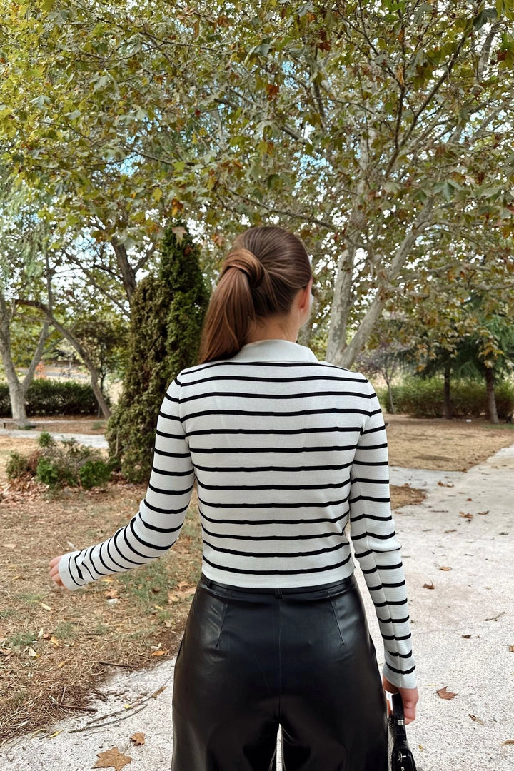 Ecru Polo V-Neck Striped Knit Sweater BCBSK-25700-K7521 - Johns Creek