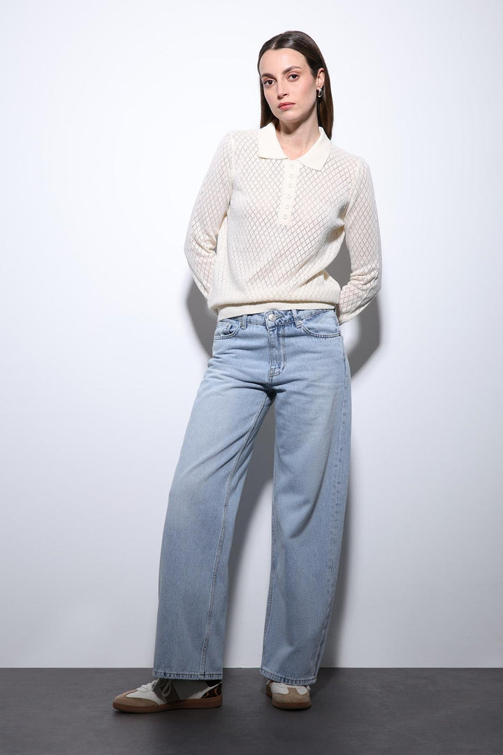 ANT Antioch Ekru Polo Yaka Desenli Triko Kadın Kazak - Grants Pass