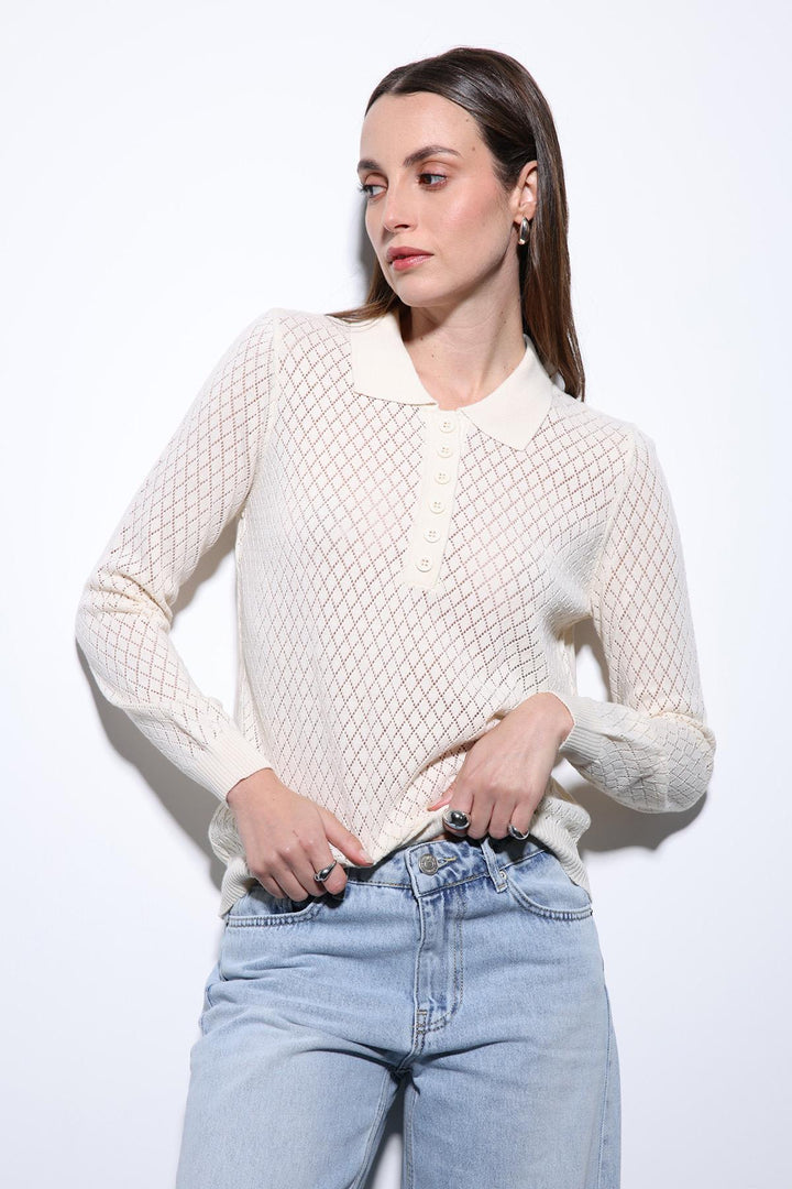 ANT Antioch Ekru Polo Yaka Desenli Triko Kadın Kazak - Grants Pass