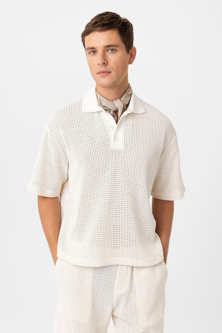 ANT Antioch Ecru Polo Neck Textured Relaxed Fit Men's T-Shirt - Cerignola