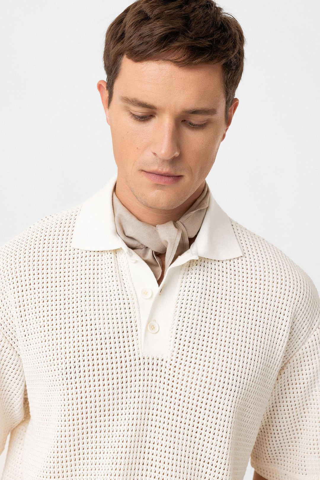 ANT Antioch Ecru Polo Neck Textured Relaxed Fit Men's T-Shirt - Cerignola