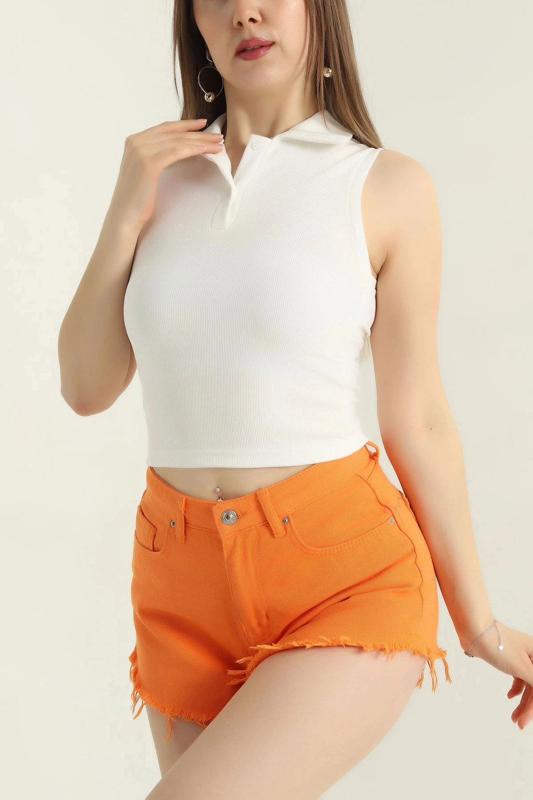 Ecru Polo Neck Sleeveless Cascorse Summer Blouse BCCL-253005 - Bistriţa