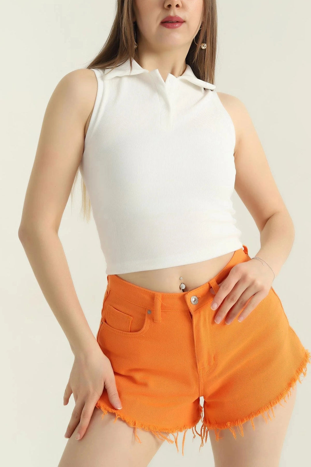 Ecru Polo Neck Sleeveless Cascorse Summer Blouse BCCL-253005 - Bistriţa