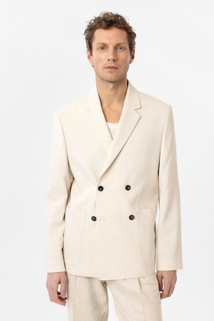 ANT Antioch Ekru Relax Fit Keten Karışımlı Erkek Blazer Ceket - Ameca