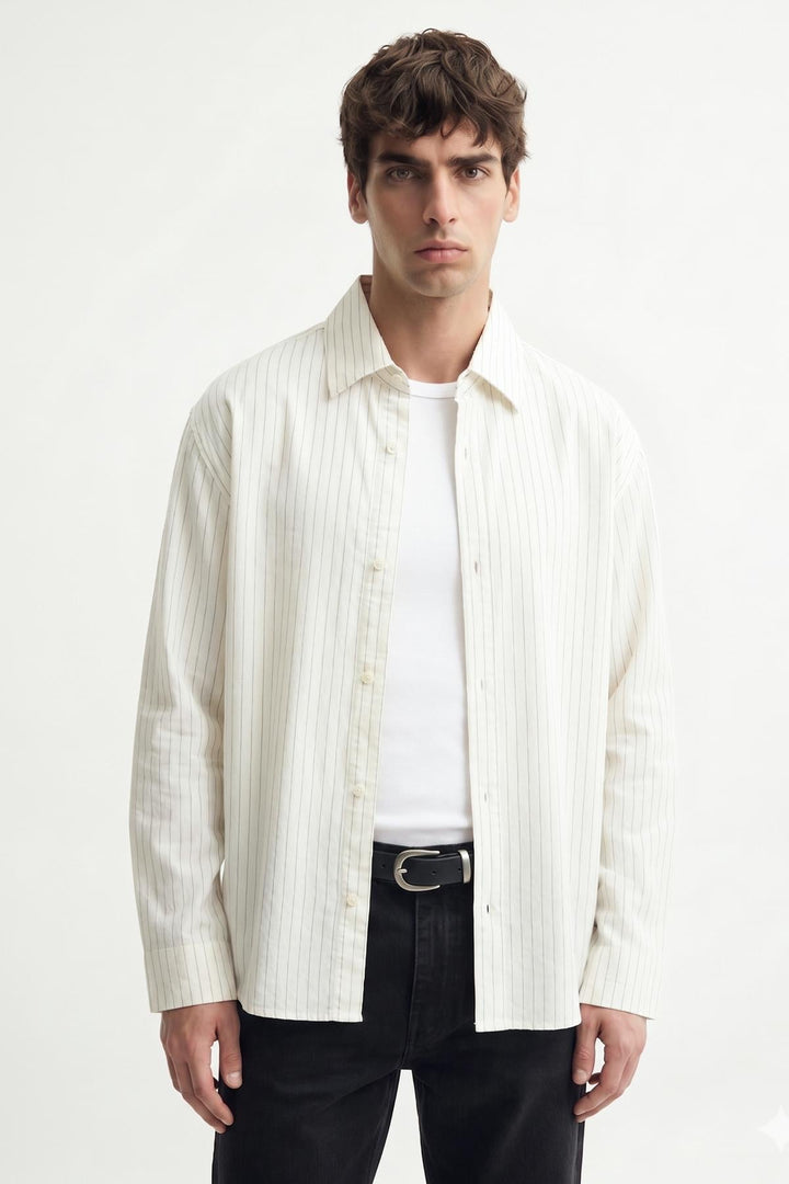 ANT Antioch Ekru Relaxed Fit Çizgili Erkek Gömlek - San Giuliano Milanese