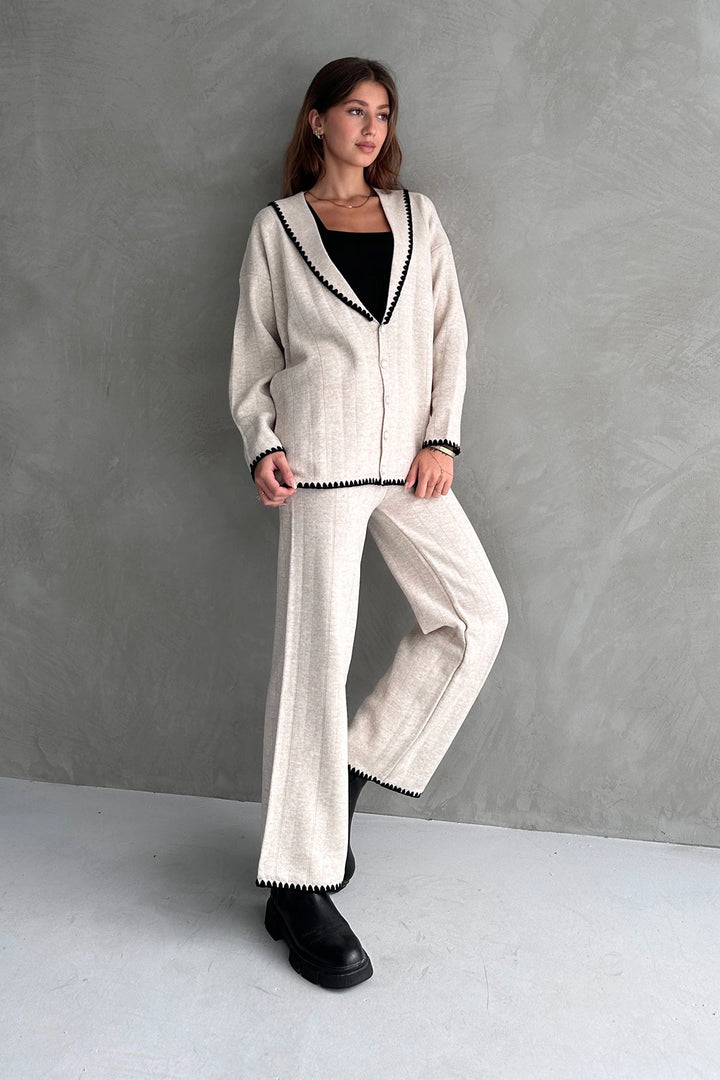 Ecru Shawl Collar Nervure Detailed 2-Piece Winter Knit Set BC24A500 - Balingen