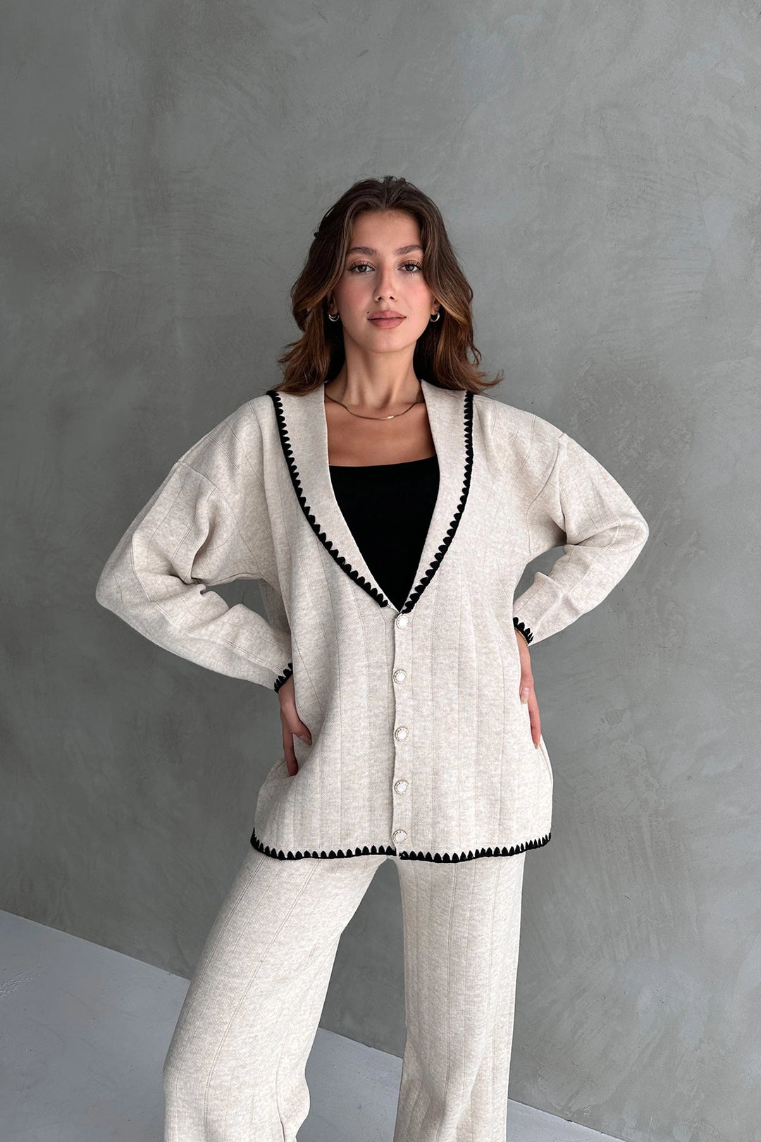 Ecru Shawl Collar Nervure Detailed 2-Piece Winter Knit Set BC24A500 - Balingen