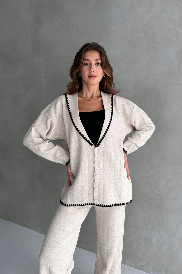 Ecru Shawl Collar Nervure Detailed 2-Piece Winter Knit Set BC24A500 - Balingen
