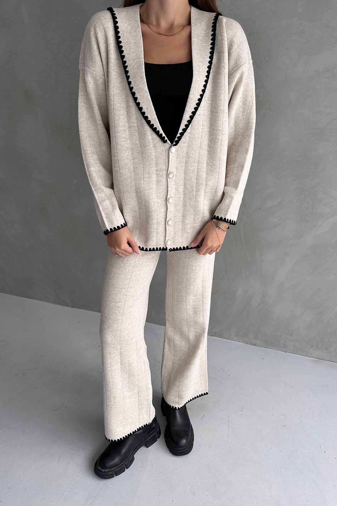 Ecru Shawl Collar Nervure Detailed 2-Piece Winter Knit Set BC24A500 - Balingen