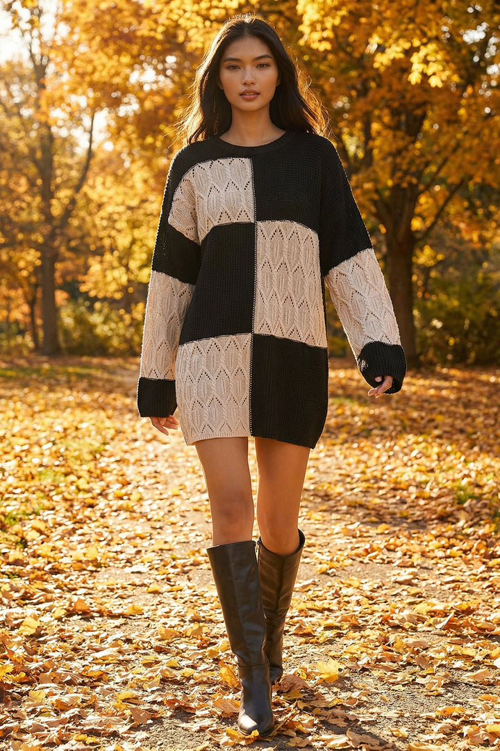 Ecru Black Bicycle Collar Patterned Mini Knit Dress BCHPK-251244 - Miahuatlán de Porfirio Díaz