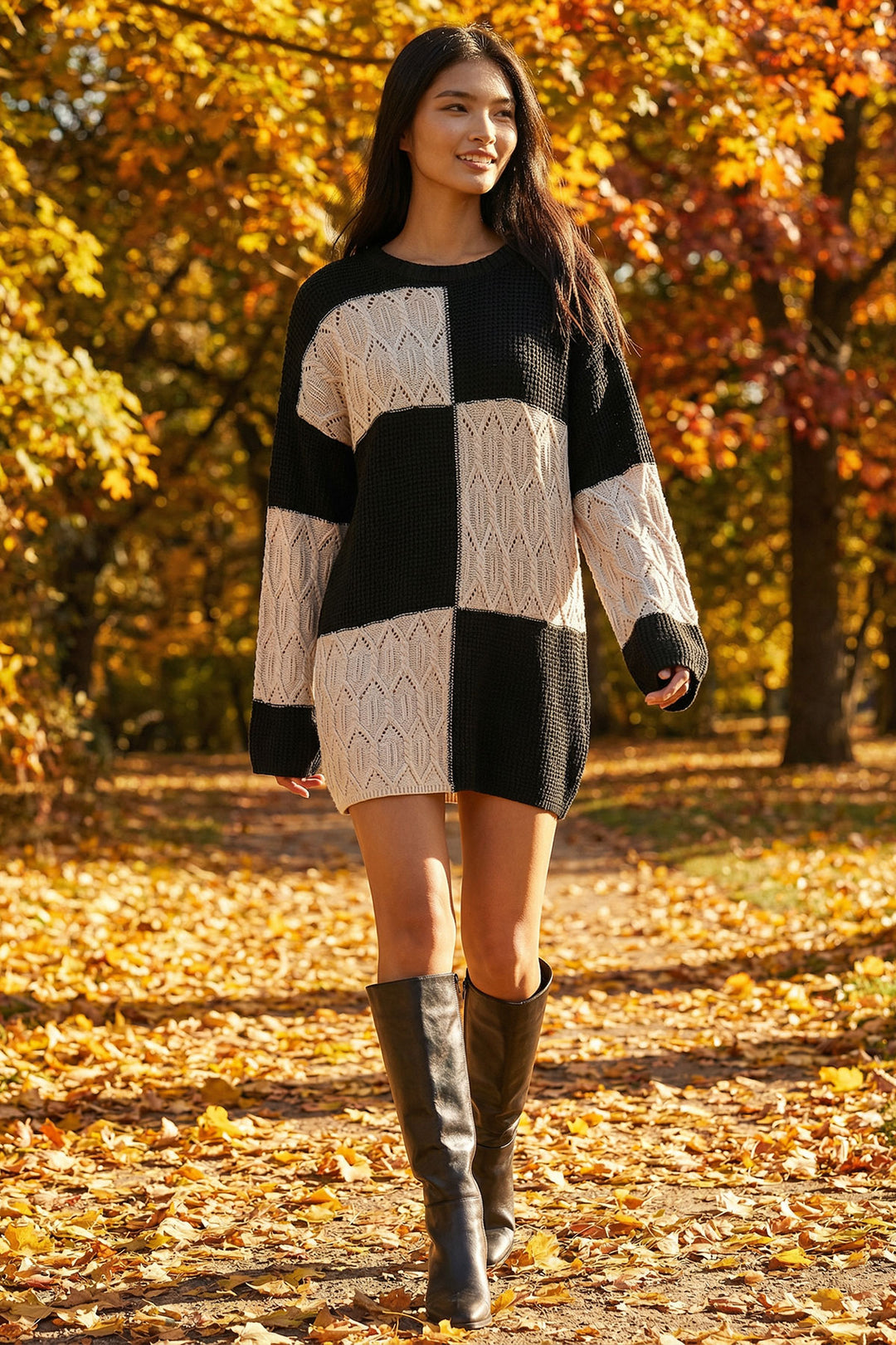 Ecru Black Bicycle Collar Patterned Mini Knit Dress BCHPK-251244 - Miahuatlán de Porfirio Díaz